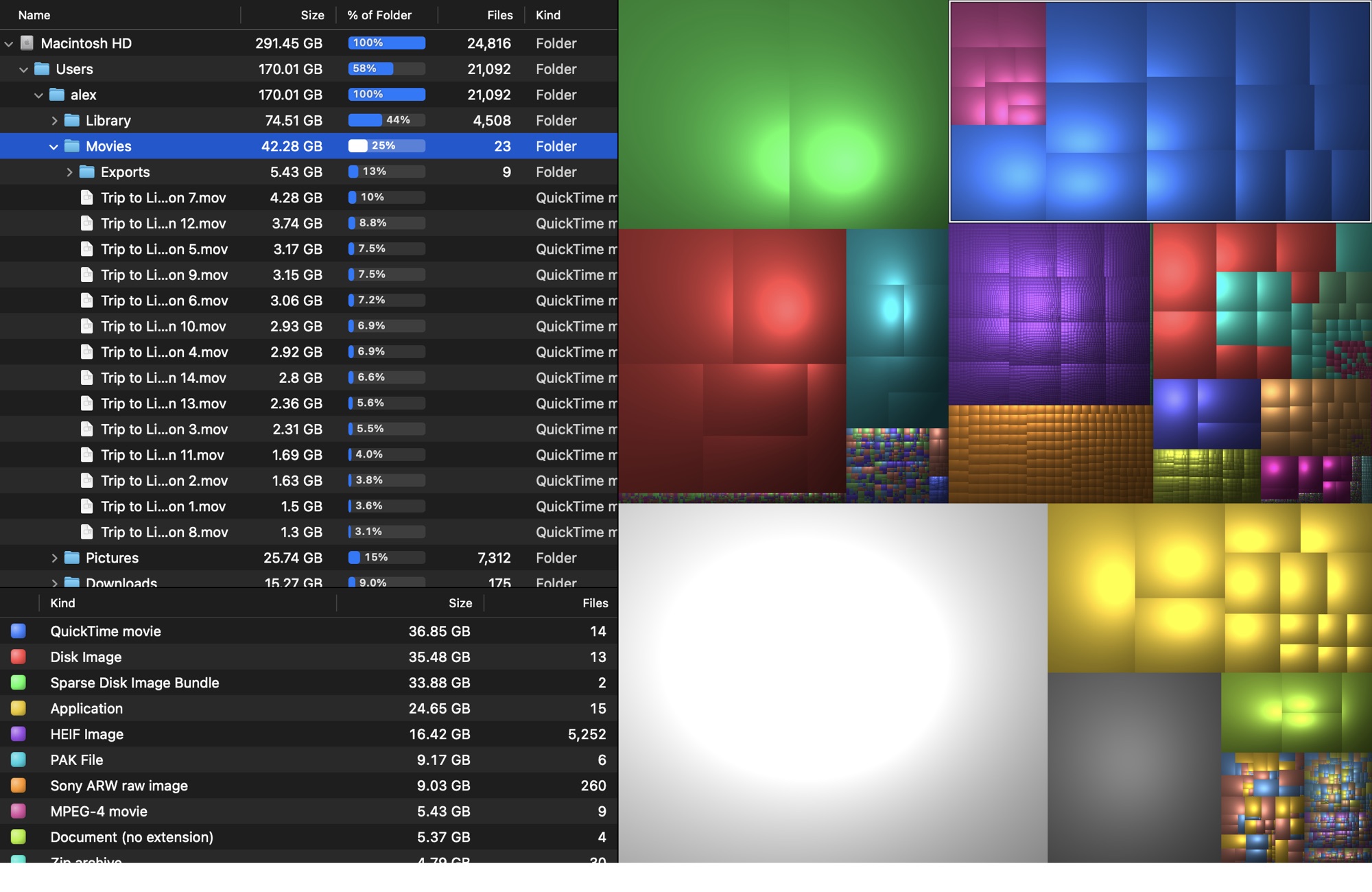 DiskWhisk showing a treemap of a Mac’s startup disk next to a folder list sorted by size